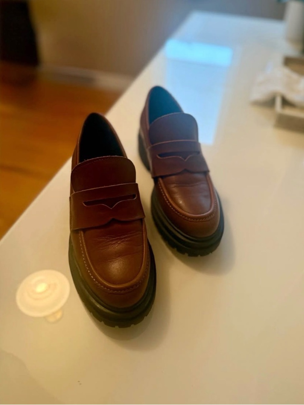 Women's Brown Leather Lug Sole Penny Loafers - Picture 2 of 4